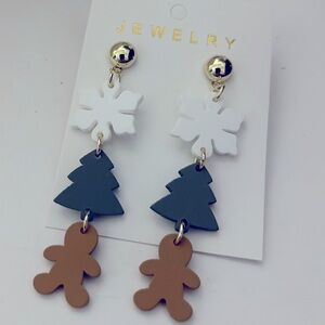 Christmas 3 Tier Dangling Earrings. Gingerbread, Christmas Tree, Snowflake.